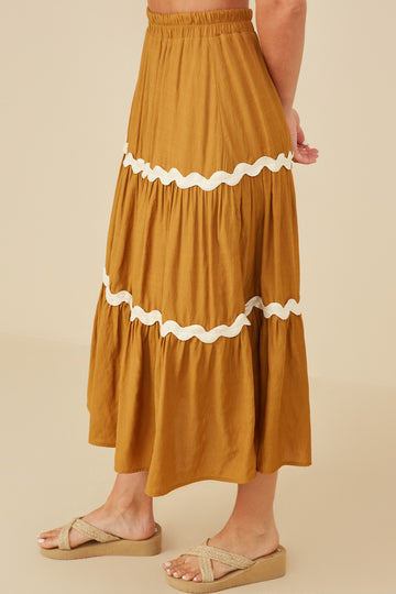 HY8740W Camel Plus Wavy Twill Trimmed Tiered Midi Skirt Front